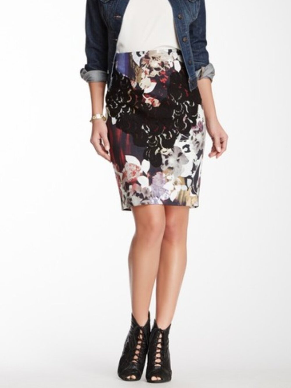 Rachel Roy Combo Lace Pencil Skirt Black Multi size 8